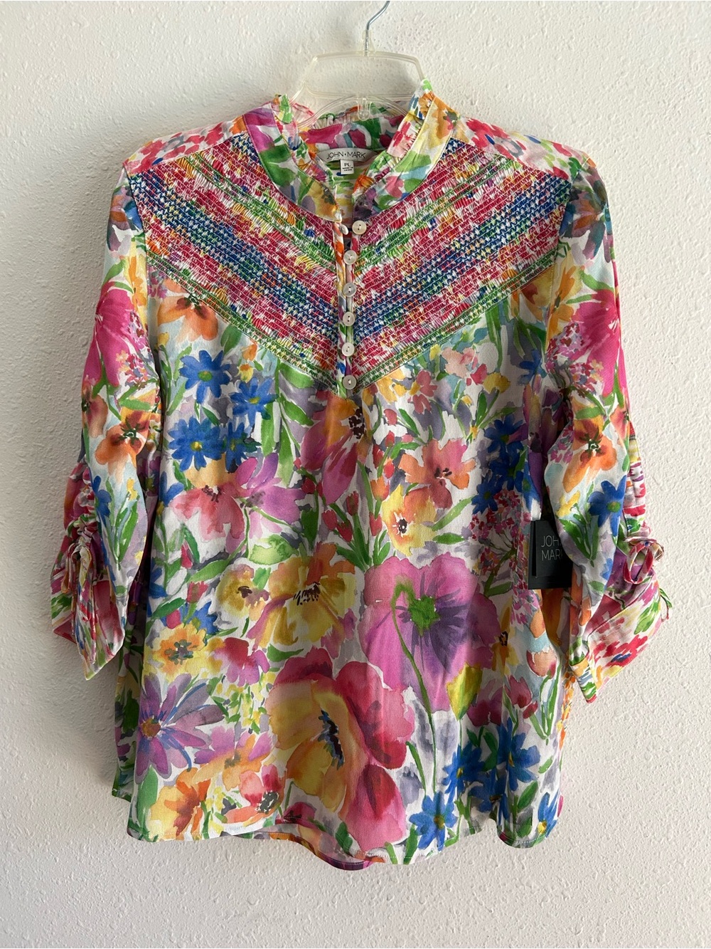John Mark Tunic Top Women's Petite Size LP Floral Multicolor Ruffled Smocked